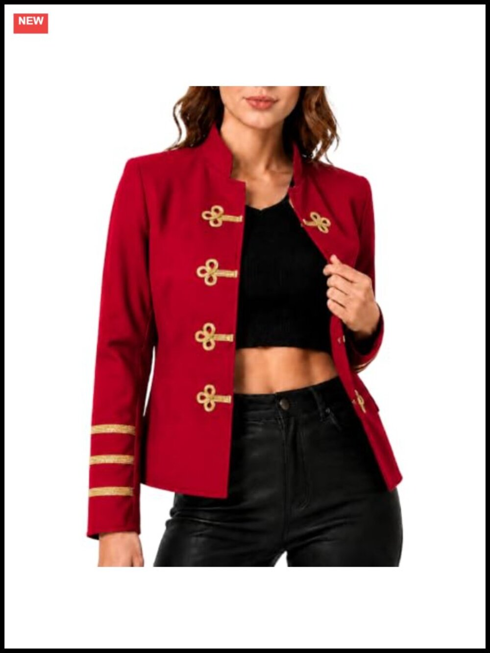 Lioop Women's Military Jacket with Gold Frog Closure and Stand Collar, Blazer